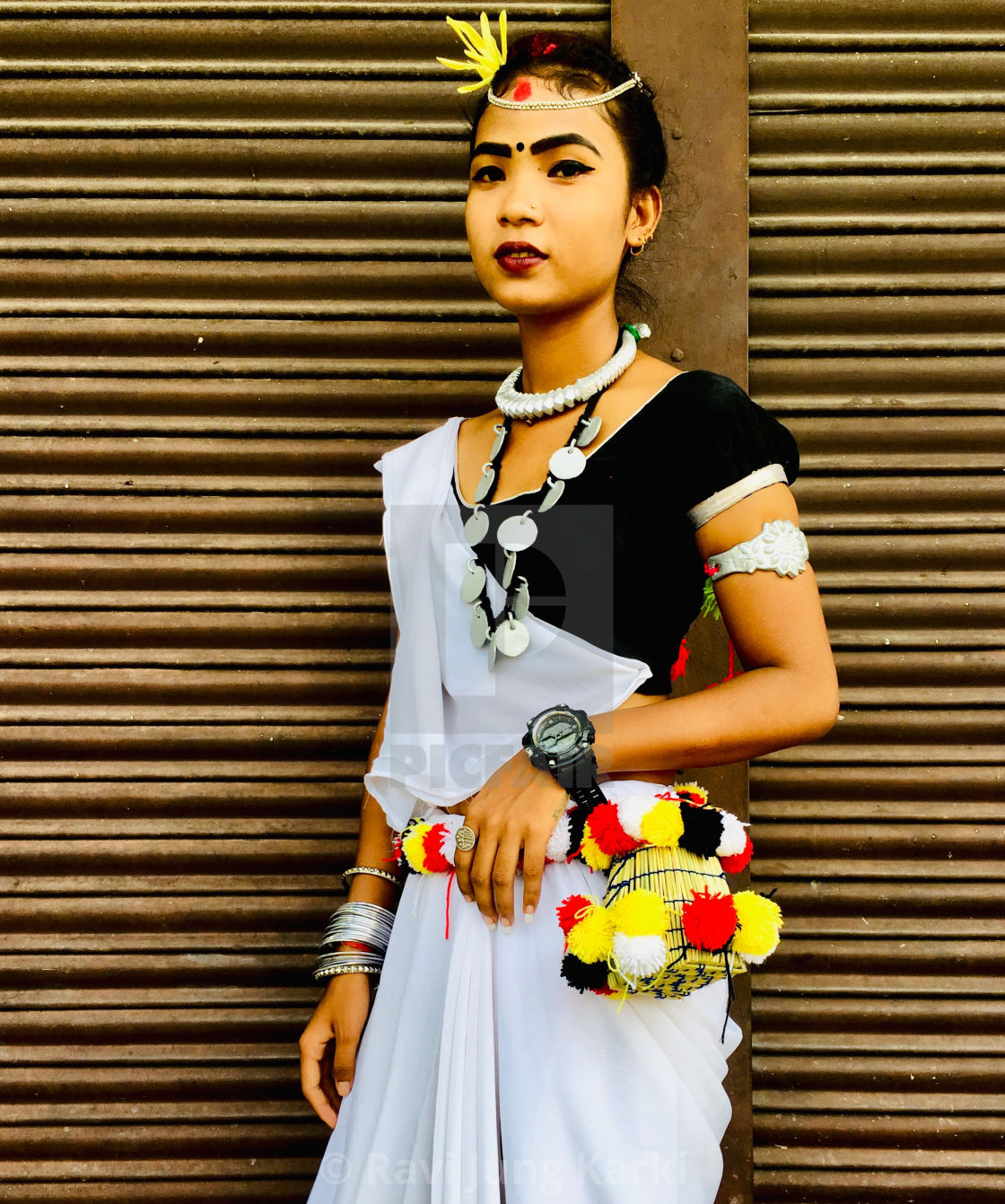 Girls Of The Tharu People In Their Traditional Dress Perform Music And Dance For The Durga Puja